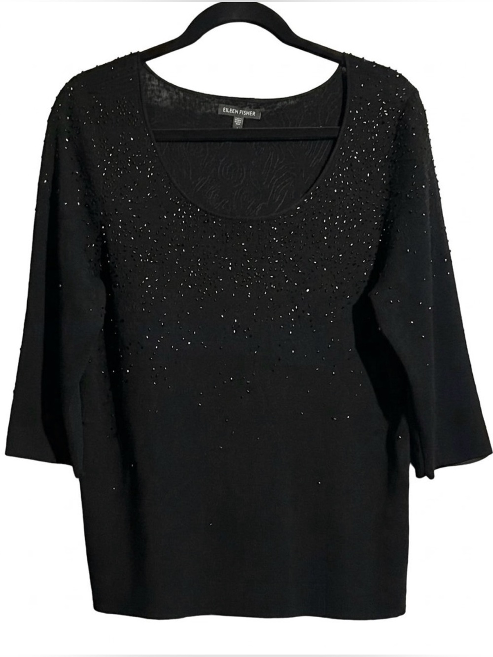 NWOT Eileen Fisher Black Beaded 100% Fine Merino Wool Scoop Neck Knit Top, L